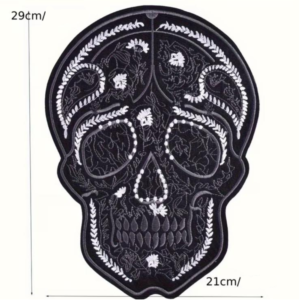 Écusson Thermocollant Tête de Mort Mexicaine Noir Argent – Patch Brodé Skull Calavera – Applique Rock Biker Gothique Customisation Textile